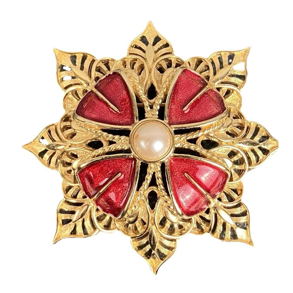 VTG Monet Ornate Maltese Cross Brooch Pin Gold Tone Faux Pearl Red Enamel Signed